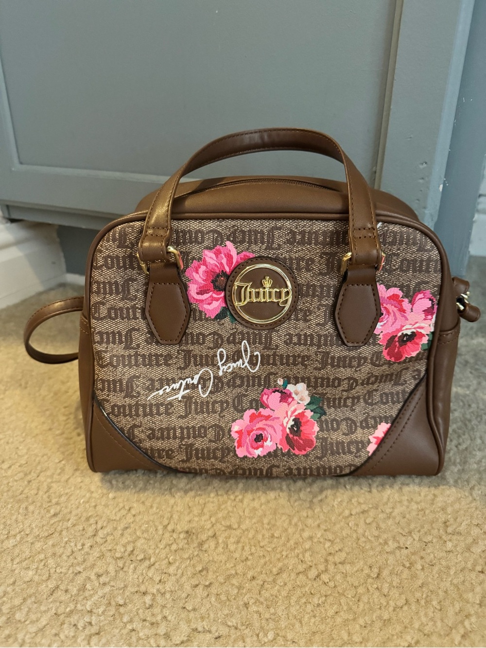 Juicy Couture Brown Satchel with Pink Floral Accents